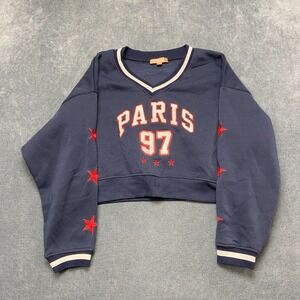 Cult Favorite Cropped Sweatshirt Womens M Navy Blue Spellout Logo Fleece Lined
